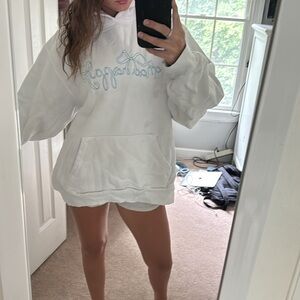 White MadHappy Hoodie with Blue Embroidery